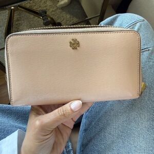 Tory Burch apricot pink leather zip around continental wallet